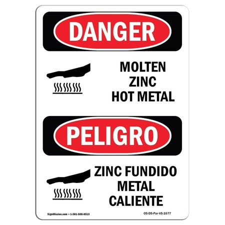 SIGNMISSION OSHA Sign, Molten Zinc Hot Metal Bilingual, 24in X 18in Decal, 18" W, 24" H, Bilingual Spanish OS-DS-D-1824-VS-1677
